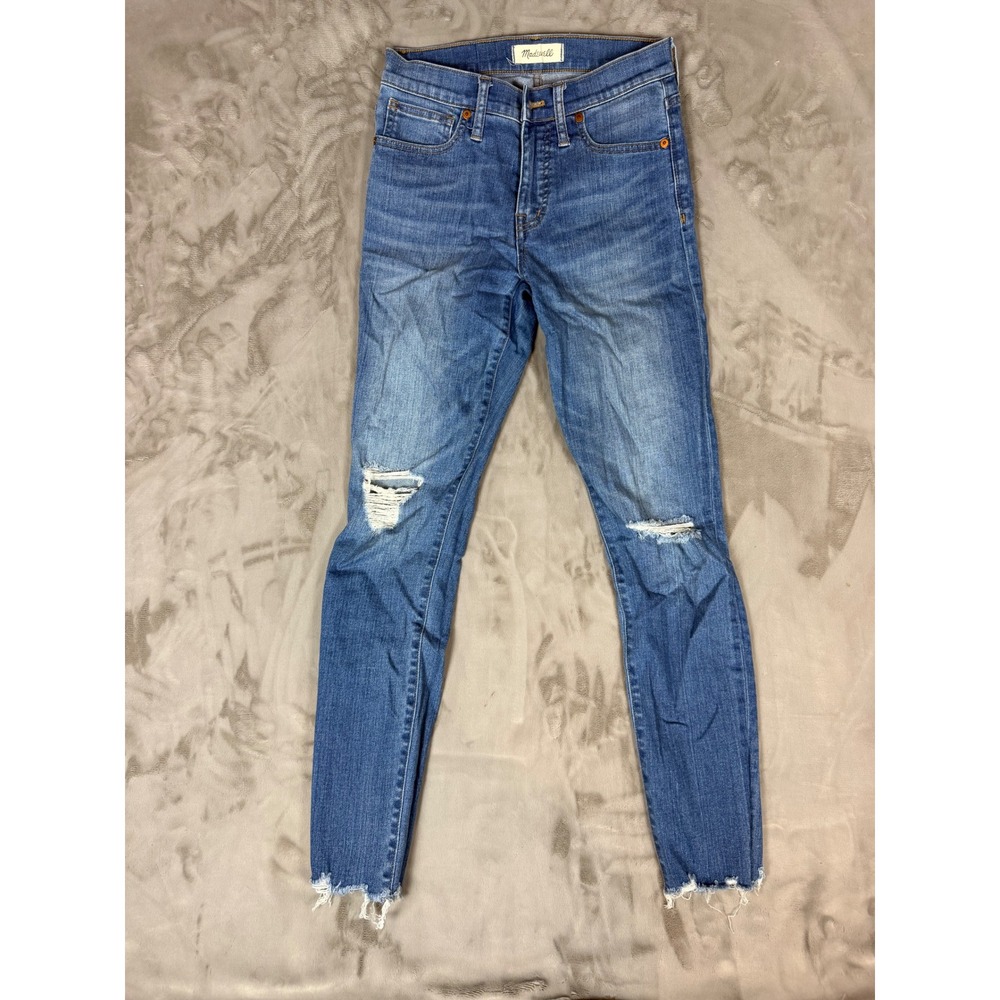 Madewell 9 Inch Mid Rise Skinny Jeans Distressed Raw Hem Blue Denim Size 25